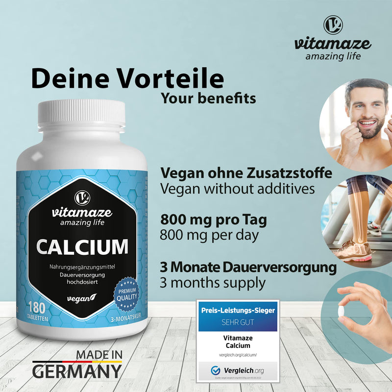 High-dose vegan calcium tablets, 180 tablets for 3 months, 800 mg calcium carbonate per daily dose, organic dietary supplement without additives, made in Germany 180 pieces (pack of 1) - NewNest Australia
