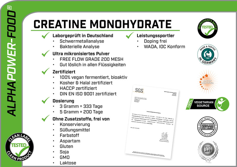 Alphapower Food Creatine Monohydrate, Vegan, Bioactive Creatine Powder, 1 Kg, Neutral, Laboratory Tested, Ultra Micronized From Germany, Kosher & Halal Certified - NewNest Australia