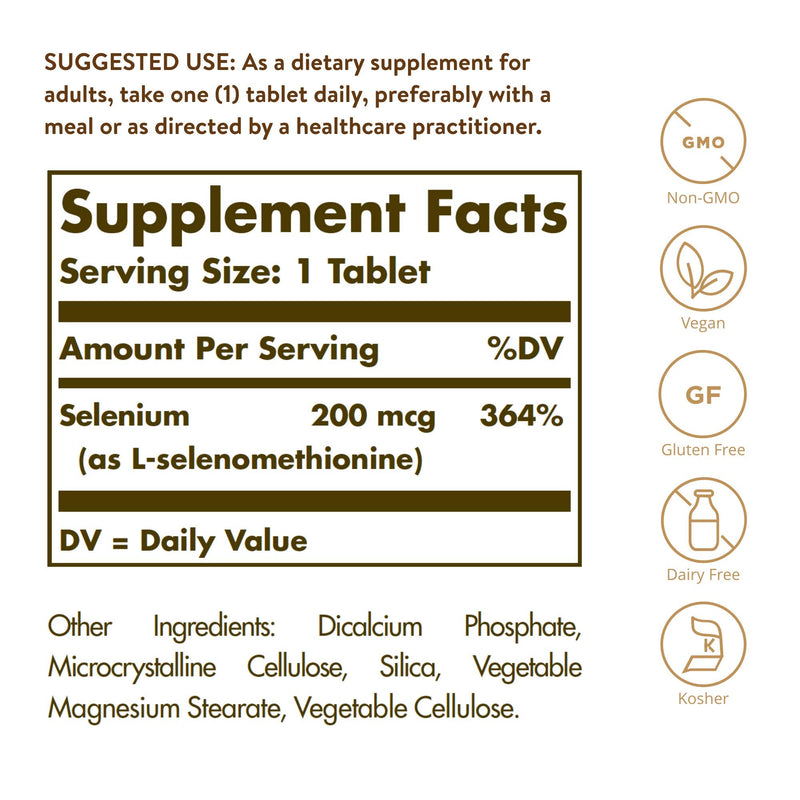 Solgar Yeast-Free Selenium 200 mcg, 250 Tablets - Supports Antioxidant & Immune System Health - Non-GMO, Vegan, Gluten Free, Dairy Free, Kosher - 250 Servings, Unflavored, Standard Packaging - NewNest Australia