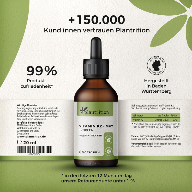 plantrition Vitamin K2 Mk7 Drops Vegan (100 µg per serving) 600 drops of Vitamin K2 Oil Natural Menaquinone MK-7 99% All-Trans K2Vital 1 bottle (20ml) - NewNest Australia