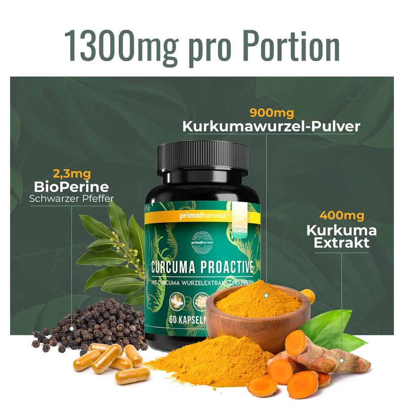 Primal Harvest Curcuma Proactiv - 60 Curcuma Capsules - Curcuma Extract - Organic Curcuma Powder With Bioperine - Turmeric Capsules - 95% Curcumioids - Laboratory Tested Regular - NewNest Australia