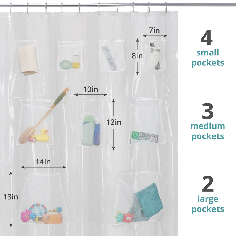 Maytex Quick Dry Mesh Pockets Waterproof PEVA Shower Curtain or Liner, Bath / Shower Organizer, Clear, 70 inches x 72 inches 70-inch x 72-inch - NewNest Australia