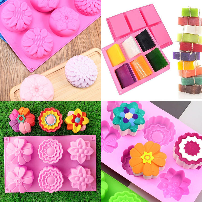 OBSGUMU 3 Pack Silicone Soap Molds,6 Cavities Flowers Soap Mold,Rectangle and Different Flower shapes, Perfect for Soap Making, Handmade Cake Chocolate Biscuit, Pudding (Pink) - NewNest Australia