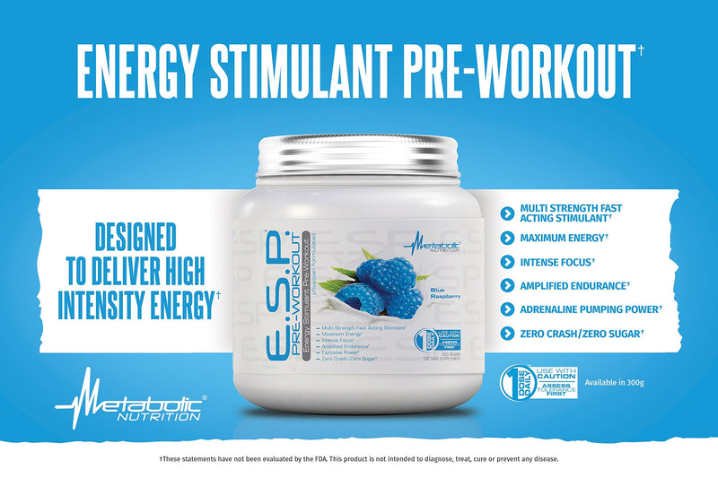 Metabolic Nutrition | ESP - Stimulating Pre Workout, Pre Intra Workout Supplement | Energy & Endurance Stimulating | Natural, Safe & Mental Focus | Blue Raspberry, 300 Grams (90 Servings) - NewNest Australia