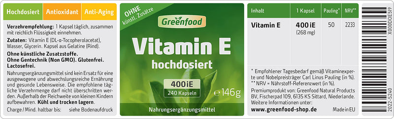 Vitamin E, 400 Iu, High Dose, 240 Capsules - Supports The Protection Of Cells Against Oxidative Stress. Without Artificial Additives. Without Genetic Technology. 240 Pieces (Pack Of 1) - NewNest Australia