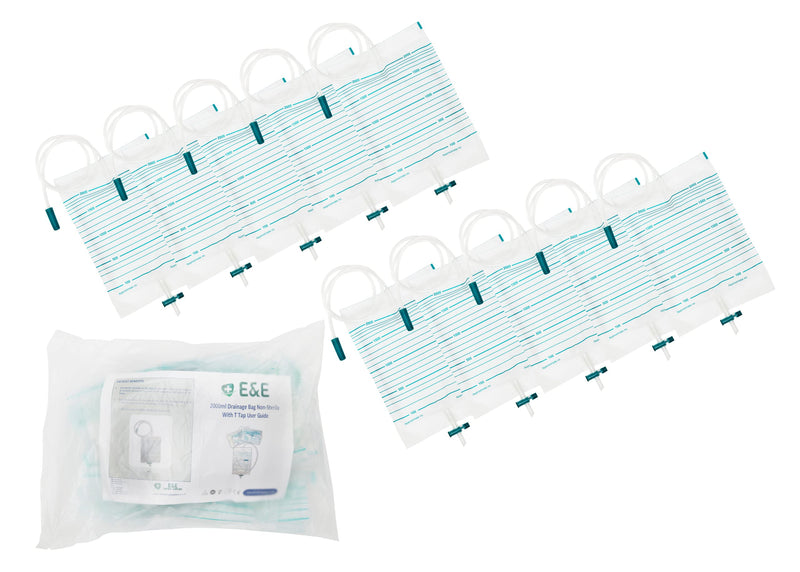 E&E 2000ml Urine Drainage Bags – Non Sterile Bags with T-Tap Valve and 85cm Tube 10Pack Drainable Urinary Bags Non-Latex Drainage Bags Non Sterile - NewNest Australia