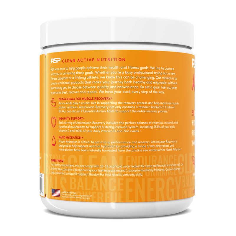 RSP AminoLean Recovery - Post Workout BCAAs Amino Acids Supplement + Electrolytes, BCAAs and EAAs for Hydration Boost, Immunity Support - Muscle Recovery Drink, Vegan Friendly, Blood Orange 30 Servings (Pack of 1) - NewNest Australia