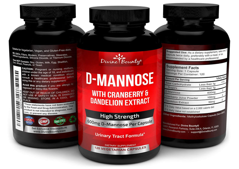 D-Mannose Capsules - 600mg D Mannose Powder per Capsule with Cranberry and Dandelion Extract to Support Normal Urinary Tract Health - 120 Veggie Capsules - NewNest Australia