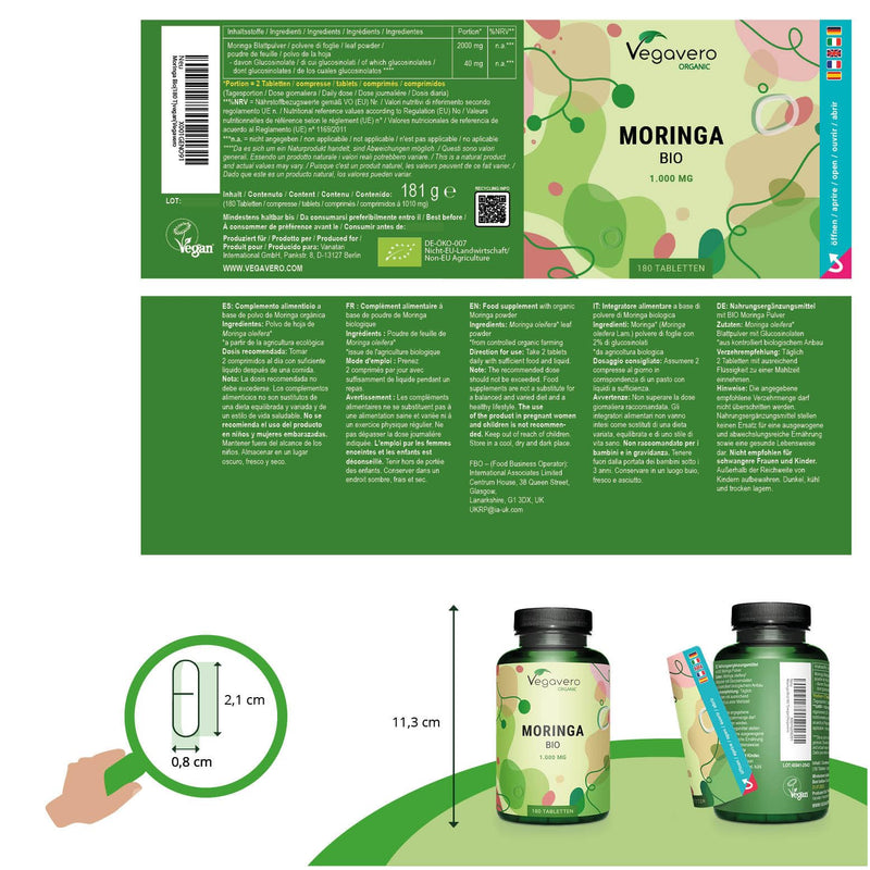 ORGANIC Moringa pellets | High dosage: 1000 mg per Moringa tablet | 100% ORGANIC Moringa powder from Sri Lanka | Laboratory tested | Vegan and without additives | German production of Vegavero® - NewNest Australia
