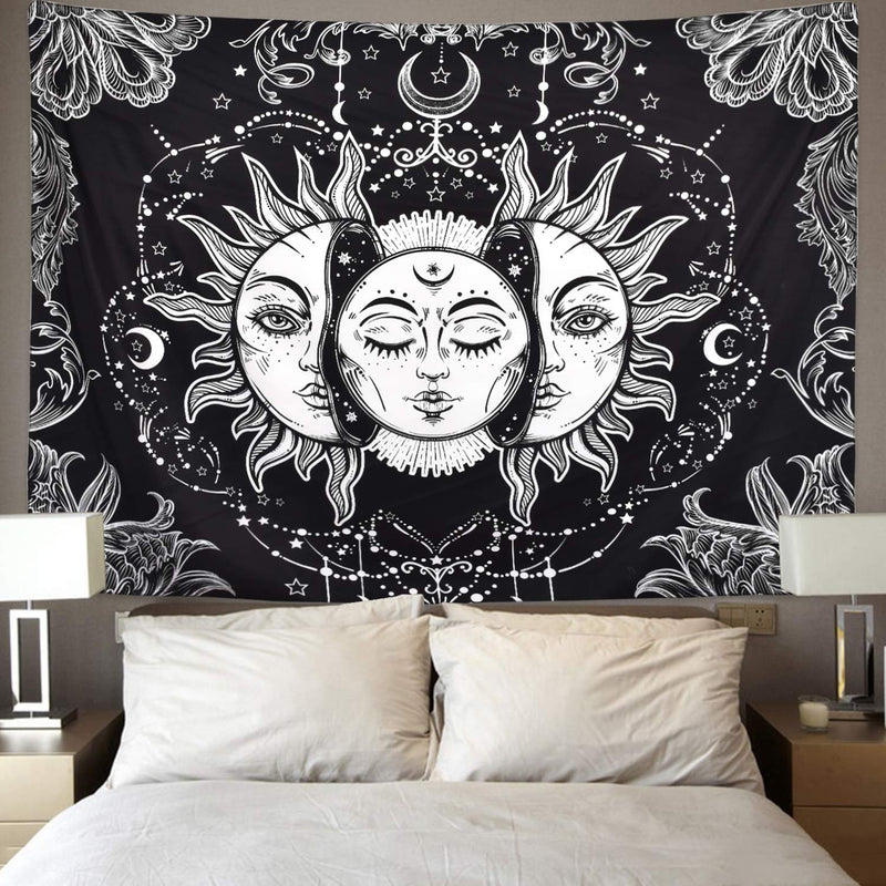 NewNest Australia - Sun and Moon Tapestry Black and White Burning Sun with Stars Tapestry Psychedelic Tapestry Indian Tapestry for Room 51.2" x 59.1" 