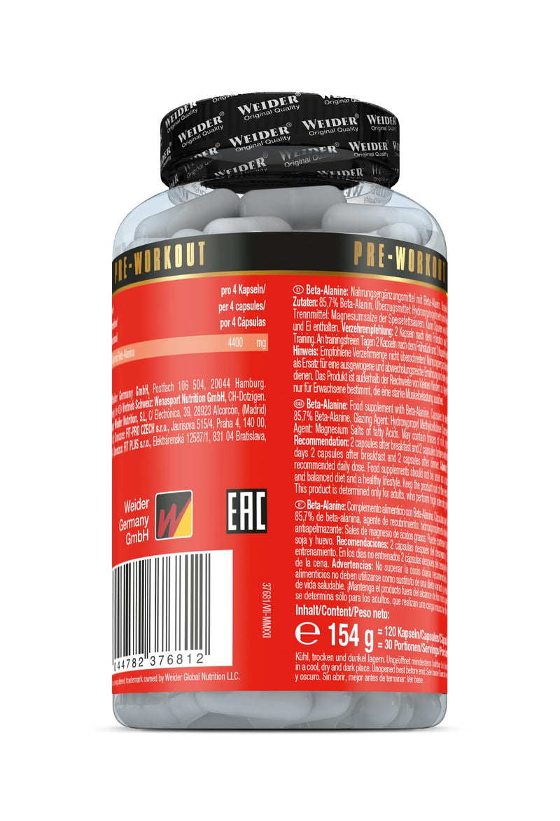 WEIDER high-dose beta alanine capsules, booster for endurance and strength training, pre-workout capsules perfect in combination with creatine monohydrate, training booster, 120 capsules - NewNest Australia
