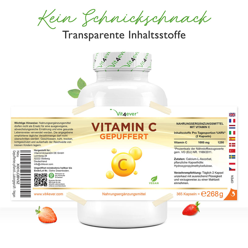 Buffered vitamin C - 365 capsules - Highly dosed with 1000 mg of vitamin C per daily dose - From plant-based fermentation - pH-neutral & very well tolerated - Laboratory tested - Vegan - NewNest Australia