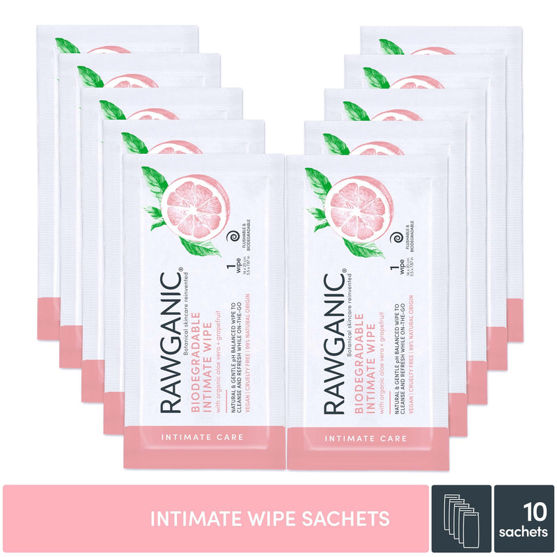 RAWGANIC Organic Intimate Hygiene Wipe Sachets | Gentle Ph Balanced, Fragrance-Free, Alcohol-Free, Flushable & Biodegradable Intimate | Set of 10 Individually Wrapped Sachets 10 Count (Pack of 1) - NewNest Australia