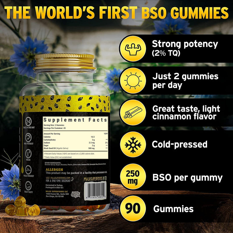 MAJU's Black Seed Oil Gummies - World's First Gummy w/ 2%+ Thymoquinone, Black Cumin Seed Nigella Sativa Oil, Cold-Pressed, Potent Formula with Cinnamon Extract, No Aftertaste - 500mg (90ct) - NewNest Australia