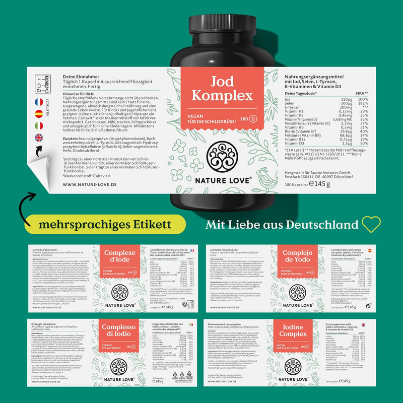NATURE LOVE® Iodine complex for the thyroid - 180 capsules - with iodine, selenium, L-tyrosine, vitamin B & D - natural iodine from brown algae (kelp) - 6 months range - high dosage, vegan & laboratory tested - NewNest Australia