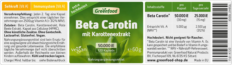 Beta carotene, 50,000 iU (30 mg), 120 vegi capsules, high dose - precursor of vitamin A (eyes, skin protection). Vegan. 120 pieces (pack of 1) - NewNest Australia