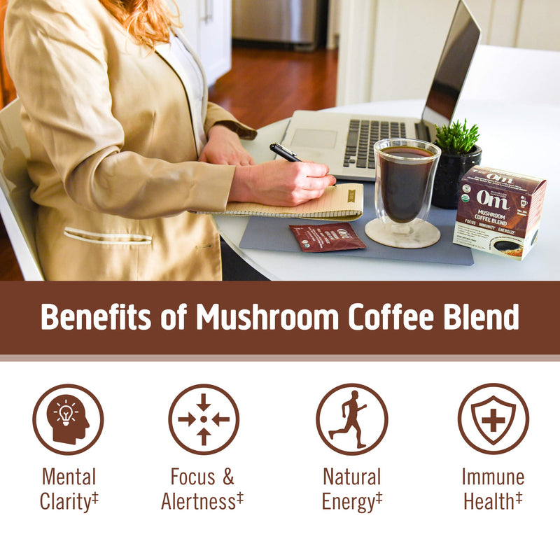Om Mushroom Superfood Coffee Blend Mushroom Powder, Single Serve, 10 Count, Organic Arabica Beans, Lion's Mane, Cordyceps, Turkey Tail, Reishi Extract, Ginkgo Biloba, Supports Energy and Focus 10 Servings - NewNest Australia