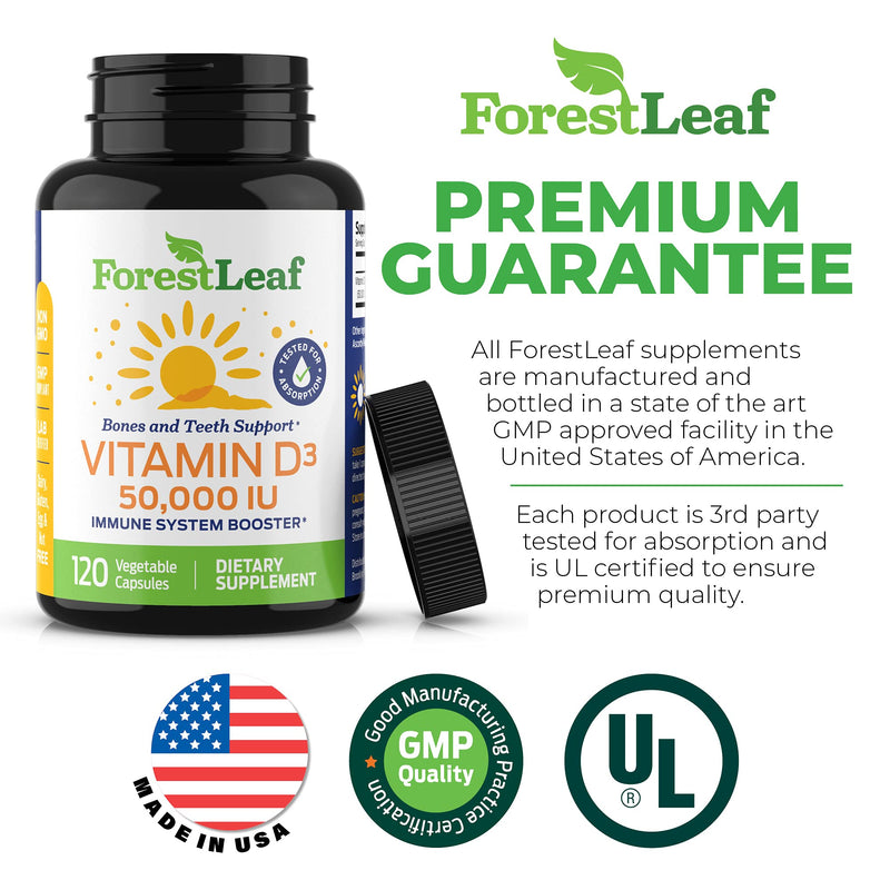 Vitamin D3 50,000 IU Weekly Supplement - 120 Vegetable Vitamin D-3 Capsules for Bones, Teeth, and Immune Support - by ForestLeaf 120 Count (Pack of 1) - NewNest Australia