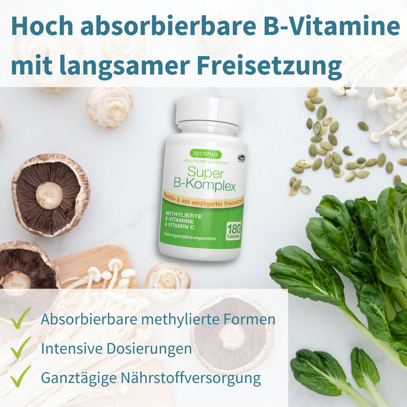 Super B-Complex Vegan Vitamin B Complex In Bioactive Form, Carefully Dosed For Maximum Biological Activity, With Folic Acid/Folate, D-Biotin, B6 & B12, 180 Tablets - NewNest Australia