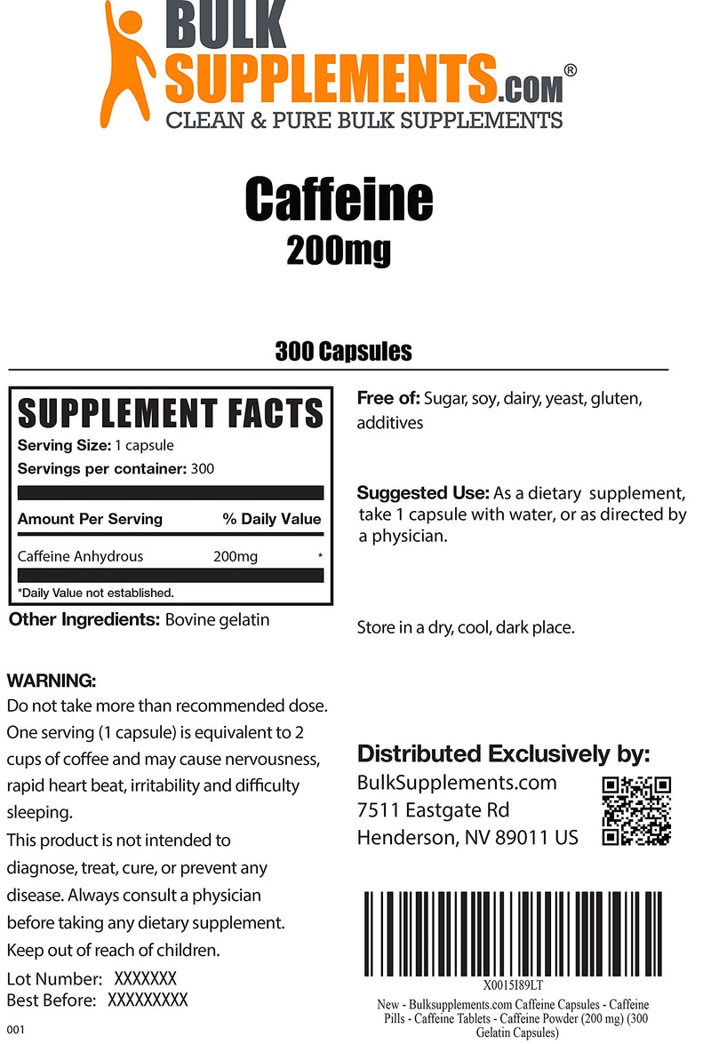 BulkSupplements.com Caffeine Capsules - Caffeine Pills - Caffeine Tablets - Caffeine Pills 200mg - Focus Supplement (300 Gelatin Capsules - 300 Servings) 300 gelatin capsules - NewNest Australia