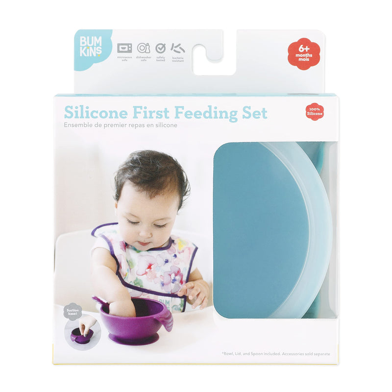 Bumkins Suction Silicone Baby Feeding Set, Bowl, Lid, Spoon, BPA-Free, First Feeding, Baby Led Weaning - Blue , 3 Piece Set - NewNest Australia