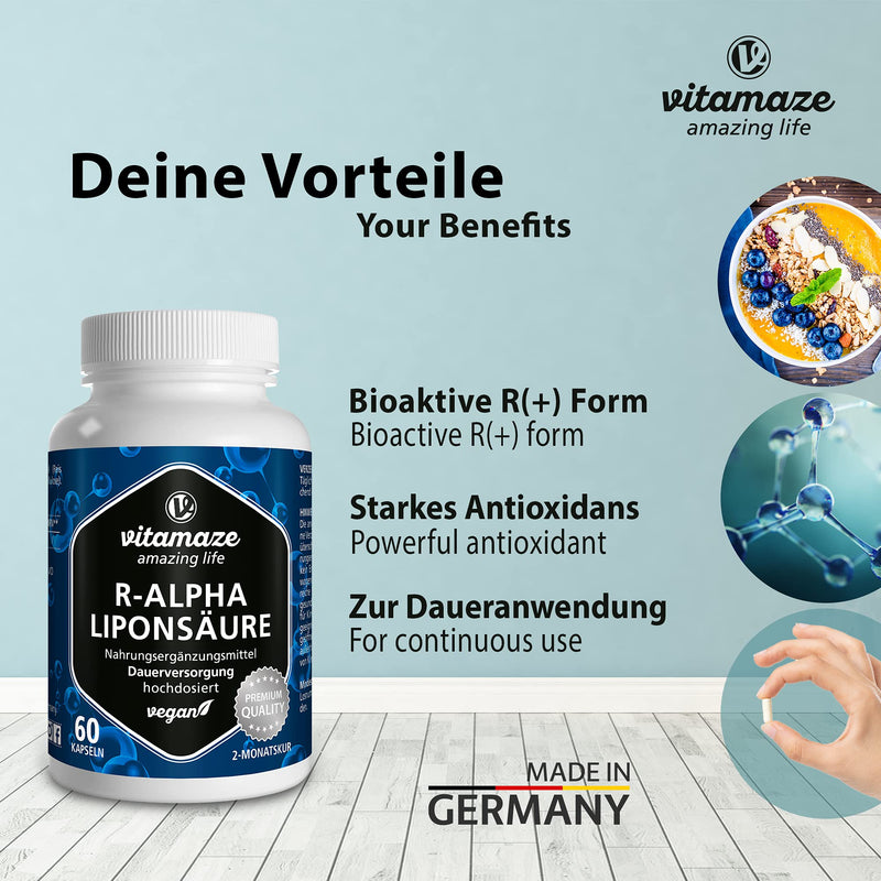 High-dose R-alpha lipoic acid, 200 mg per capsule, vegan, 2-month treatment, natural form of thioctic acid, quality product, bioactive dietary supplement without unnecessary additives, Made in Germany - NewNest Australia