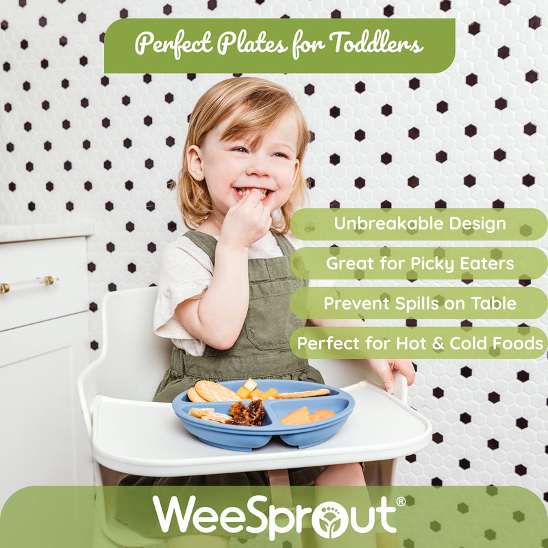 WeeSprout 100% Silicone Plates for Toddlers | 3 Pc Set | Divided Baby Plates | Non-Toxic, BPA Free | Dishwasher & Microwave Friendly | Skidproof & Unbreakable| Silicone Kids Plates with Dividers Bright Green, Blue & Grey Without Lids - NewNest Australia