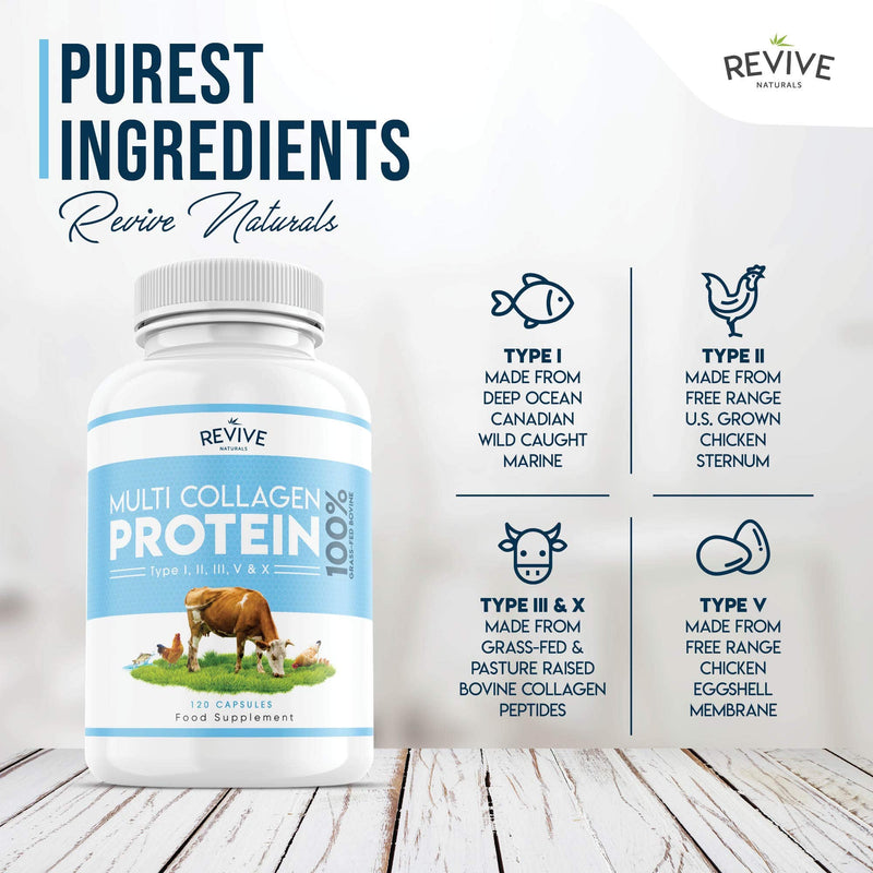Multi Collagen Protein Capsules - Types I, II, III, V & X - Hydrolysed Grass Fed Bovine, Wild Caught Marine & Free-Range Chicken, Made with Hyaluronic Acid & Vitamin C, 120 Caps - NewNest Australia