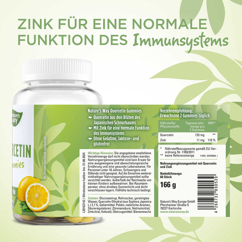 Nature'S Way Quercetin Zinc Gummies - Strengthen The Immune System With Lemon Flavor - From The Flowers Of The Japanese String Tree - 60X Vegetarian Gummy Bears With Zinc Without Artificial Additives - NewNest Australia
