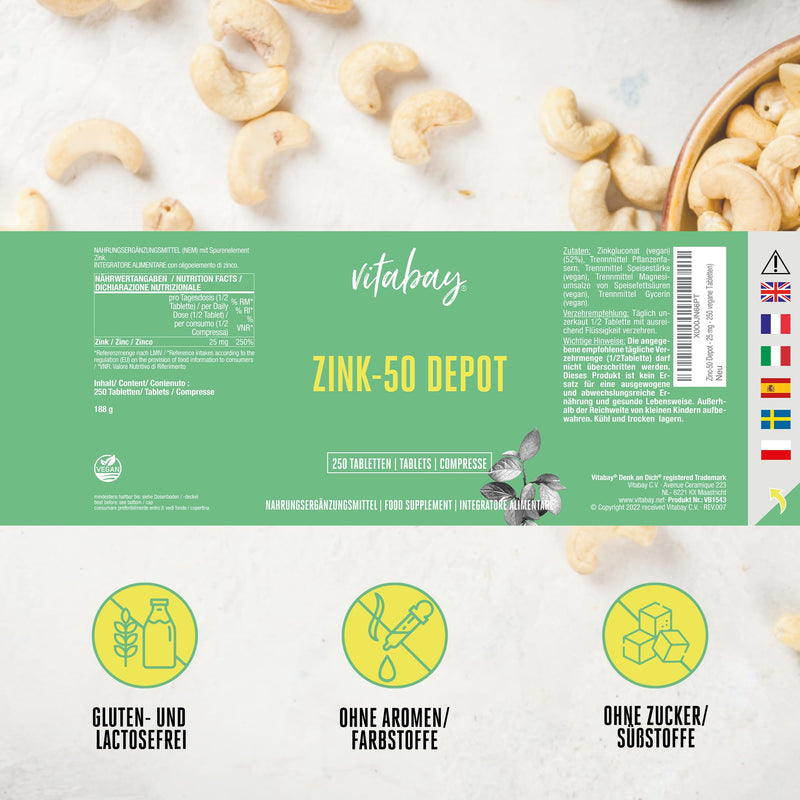 Vitabay Zinc Gluconate High Dose 50 mg - 250 VEGAN Tablets (500 Servings) - 25 mg Zinc High Dose per Half Tablet - Zinc Tablets Zinc Zinc Capsules Zinc Supplement Dietary Supplement Pack of 250 (Pack of 1) - NewNest Australia
