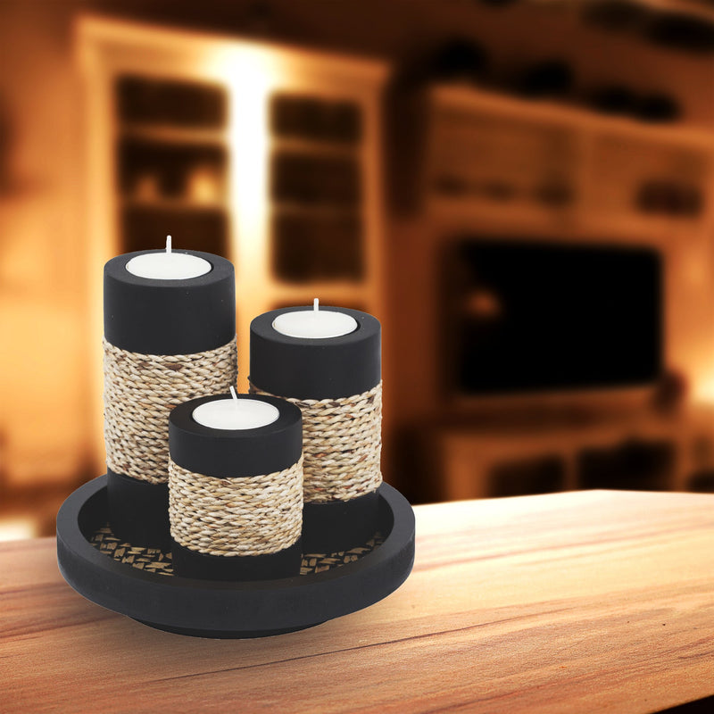 NewNest Australia - IYARA CRAFT Tealight Candle Holders with Candle Tray Set of 3 Decorative Candle Holders Matte Wood Finish with Small Rope Decoration 