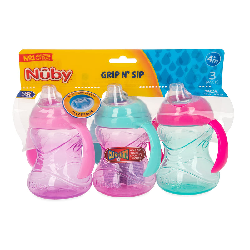 Nuby 3 Piece No-Spill Grip N’ Sip Cup with Soft Flex Spout, 2 Handle with Clik It Lock Feature, Girl,10 Ounce - NewNest Australia