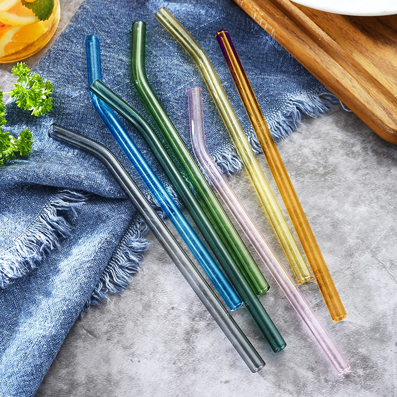 Glass Straws Reusable, 8 Pcs Multicolour Drinking Straw, Bent Glass Drinking Straws with 2 Cleaning Brushes, Eco Friendly Glass Straws for Smoothies Milkshake and Cocktail (19.5cm) - NewNest Australia