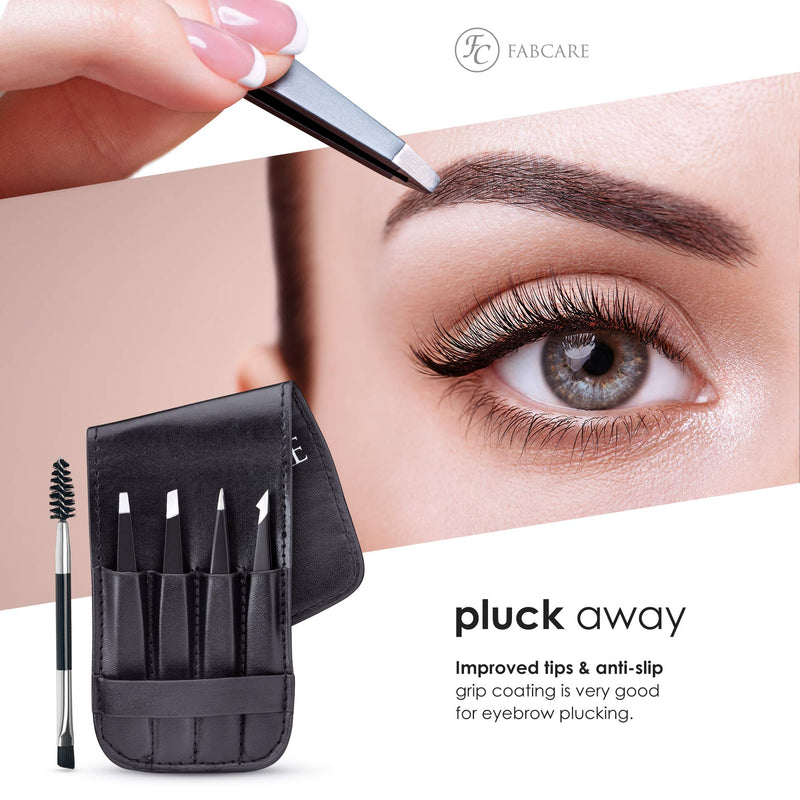 Fabcare Tweezers For Plucking Eyebrows (Slanted) Incl. Case - Improved Tip - Professional Eyebrow Tweezers With Anti-Slip Coating - Plucking Tweezers For Hair Removal - Tip Tweezers (Set) Ensemble De 5 Pi√®Ces - NewNest Australia