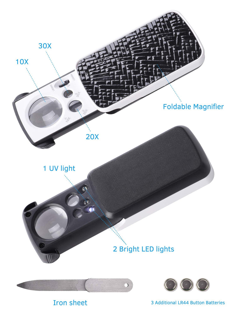 JARLINK 2 Pack Jewelry Loupes, 30X 60X Illuminated Loupe Magnifier and Foldable Jewelry Magnifier with Bright LED Light for Gems, Jewelry, Coins, Stamps, etc (Black) Black - NewNest Australia