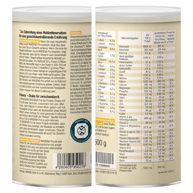 Madena Pro Vegan Protein Powder - Pure Vegetable Protein Powder From Rice And Peas Without Soy - Protein Powder Vegan With High Dose Pomegranate Extract For Your Protein Shake, No Sugar - NewNest Australia