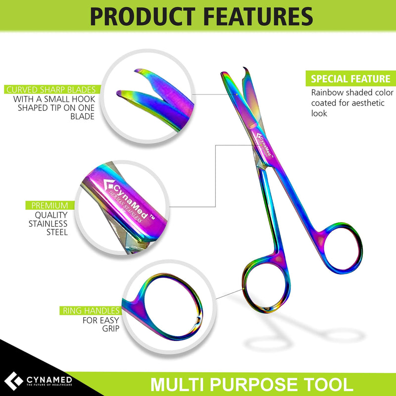 Cynamed Suture Stitch Scissors with Multicolor/Rainbow Titanium Coating - Premium Quality Instrument- Delicate Hook - Perfect for Suture Removal, First Aid, EMS Training and More (4.5 in. - Curved) Curved Hook - NewNest Australia