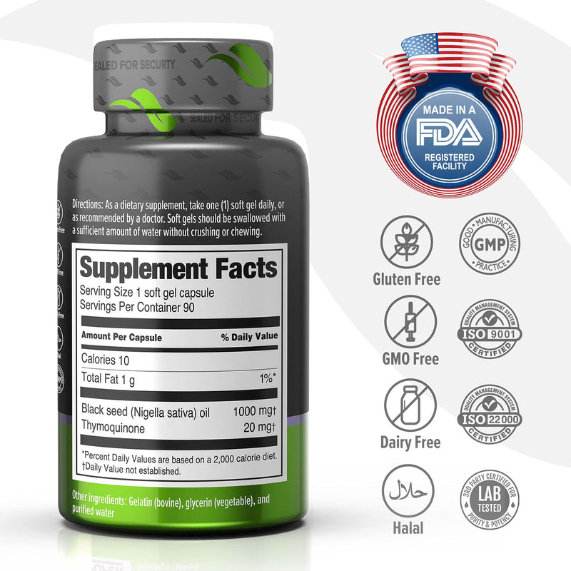 ORZAX Black Seed Oil Capsules, 90 Days Supply, 2% Thymoquinone, Non-GMO, Gluten Free, Cold Pressed Black Cumin Pills, Nigella Sativa Supports Immune System, Joints, Hair Growth, Skin - NewNest Australia