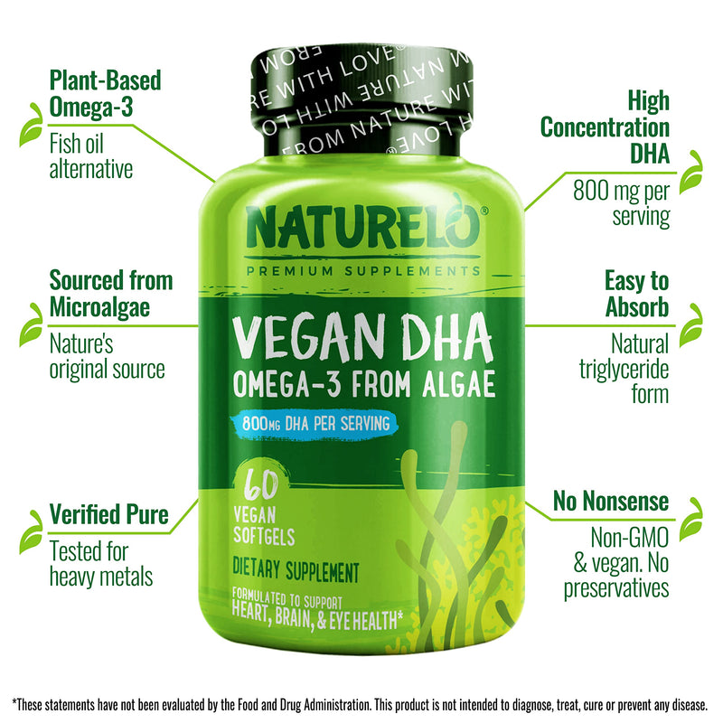 NATURELO Vegan DHA - Omega 3 Oil from Algae - Supplement for Brain, Heart, Joint, Eye Health - Provides Essential Fatty Acids for Women, Men and Kids - Complements Prenatal Vitamins - 60 Softgels 60 Count (Pack of 1) - NewNest Australia