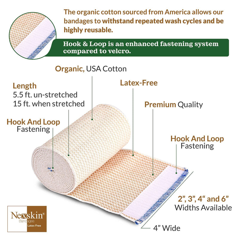 Premium Elastic Bandage Wrap (4” Wide, 2 Pack) - Nexskin Latex Free Athletic/Medical Compression Bandages Hook & Loop Fasteners at Both Ends - Lifetime Washable & Reusable USA Organic Cotton Bandage 4 Inch (Pack of 2) - NewNest Australia