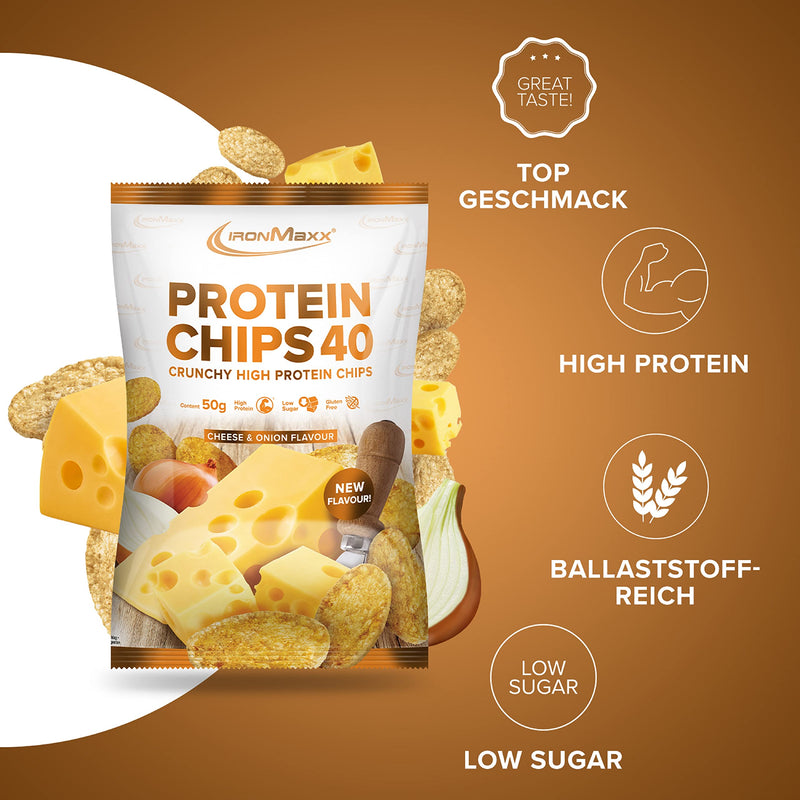 Ironmaxx Protein Chips 40, Cheese & Onion Flavor, Pack Of 1, 1 X 50 G, High Protein, Low Carb, Gluten Free, Low Fat And Sugar Reduced, 20 G Protein Per Bag, Designed In Germany - NewNest Australia