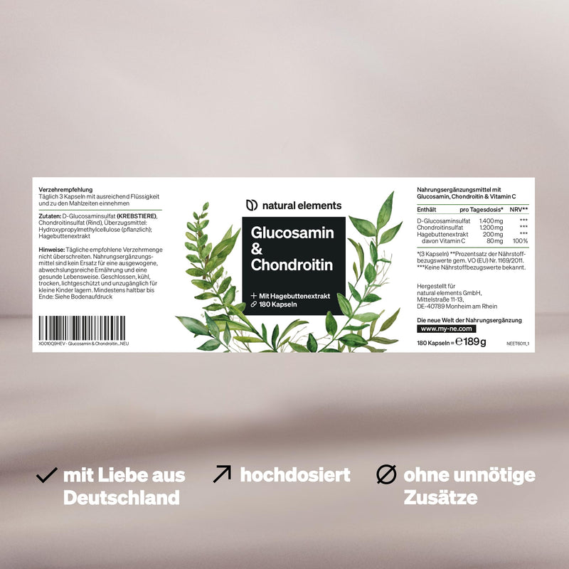 Glucosamine & Chondroitin - 180 capsules with vitamin C - contributes to normal collagen formation - high dosage, without unnecessary additives - produced in Germany & laboratory tested - NewNest Australia
