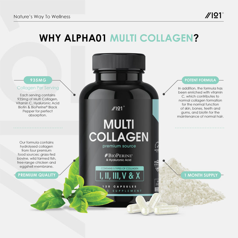 Collagen Complex Capsules - 5 Types Of Collagen From Food - Hydrolyzed Grass-Fed Beef, Wild-Caught Seafood And Free-Range Chicken, Hyaluronic Acid And Bioperine, 120 Pieces (1 Pack) 1 Pack - NewNest Australia