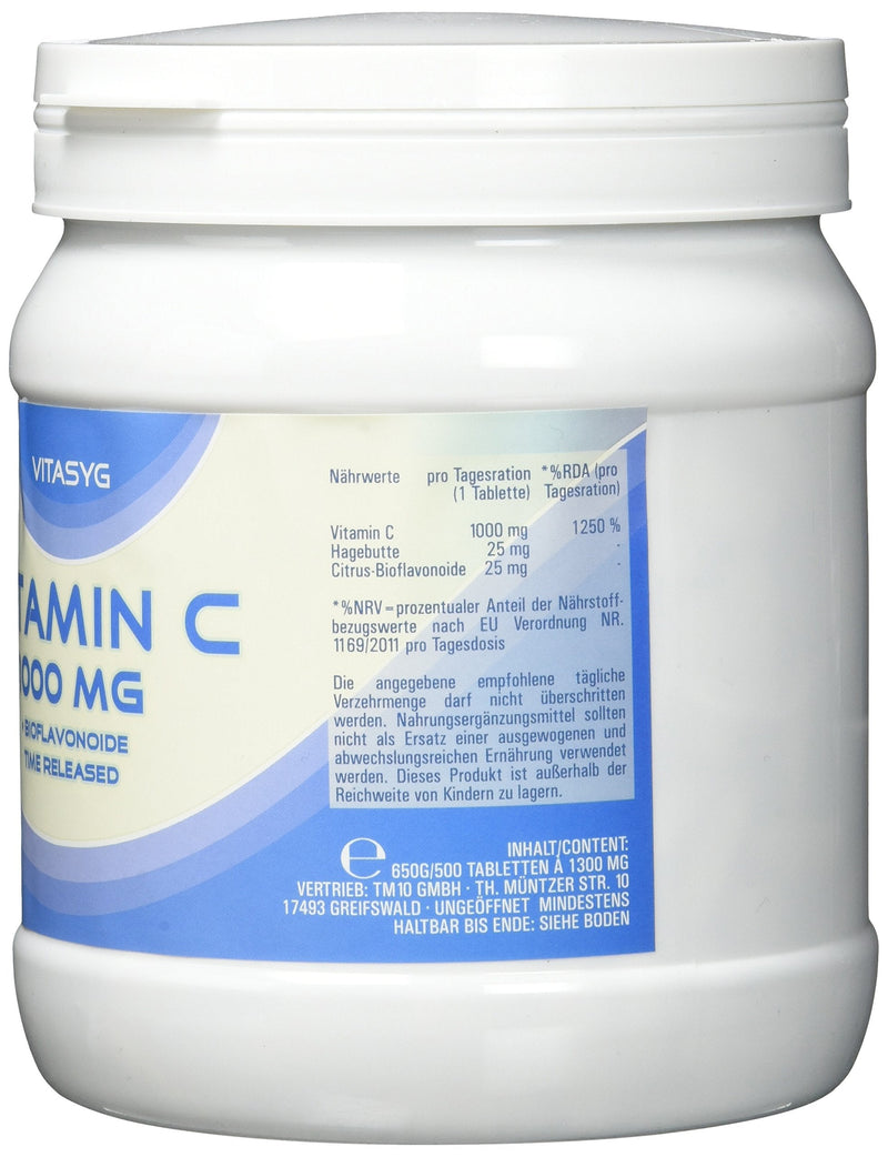 Vitasyg Vitamin C 1000mg + bioflavonoids, for immune system, skin, teeth and cartilage - 500 tablets - NewNest Australia