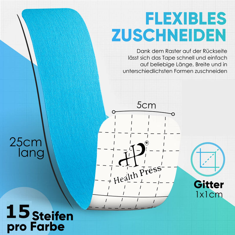 Kinesiotapes - 30 Kinesiology Tape Strips Precut Blue + Pink (25cm x 5cm) - Original Health Press Kinesiotape - Professional Physio Tape and Sports Tape - Skin-Friendly Tapes DERMATEST: VERY GOOD 25 x 5cm (30 pieces) - NewNest Australia