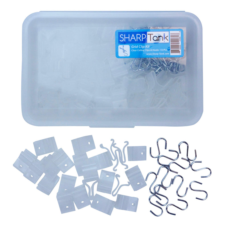 NewNest Australia - SharpTank Ceiling Grid Clips | 150 Pc Kit of Clear Clips and Ceiling Hooks for Hanging Classroom Decorations and Office Decor (Includes 75 Ceiling Clips and 75 S-Hooks) 