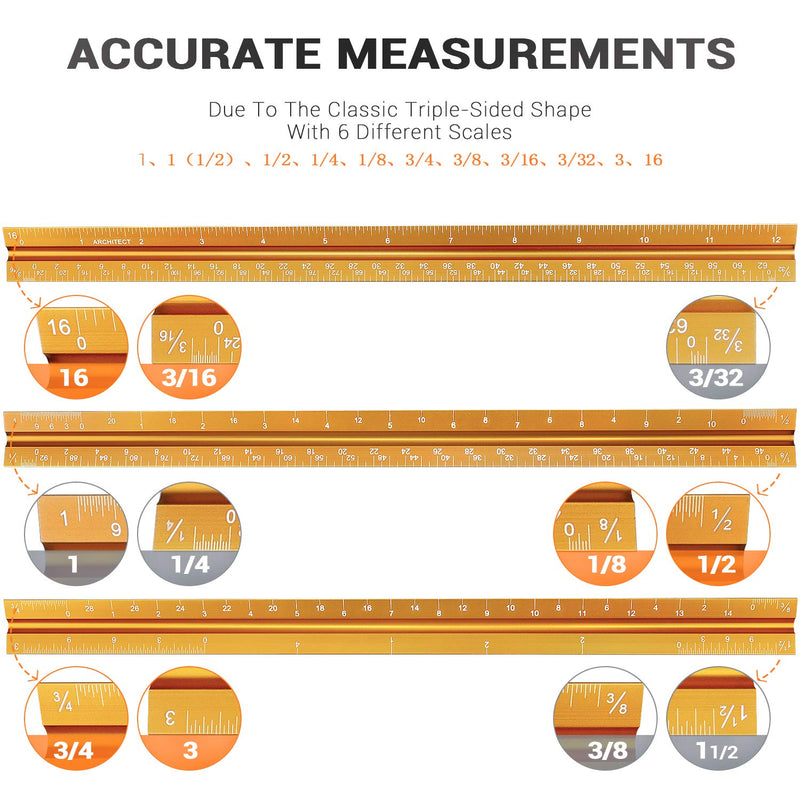 12" Architectural Scale Ruler Aluminum Architect Scale Triangular Scale Ruler for Architects, Draftsman, Students and Engineers, Golden - NewNest Australia