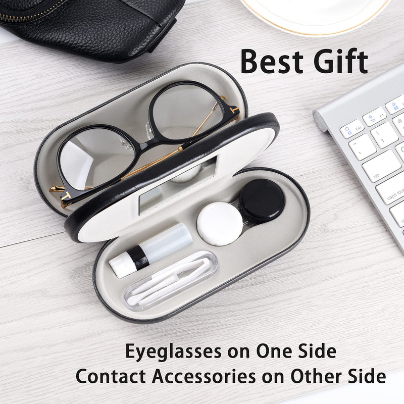 Muf 2 in 1 Double Sided Portable Contact Lens Case and Glasses Case,Dual Use Design with Built-in Mirror, Tweezer and Contact Lens Solution Bottle Included for Travel Kit Black - NewNest Australia
