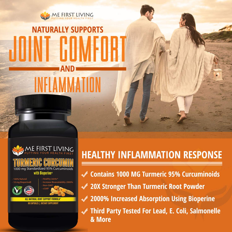 Me First Living Turmeric Curcumin 1000 mg 95% Curcuminoids, Bioperine 10 mg, 19x More Potent Than Others, Increased Absorption, Non-GMO, Organic Turmeric, Vegan, Gluten Free, 60 Capsules - NewNest Australia