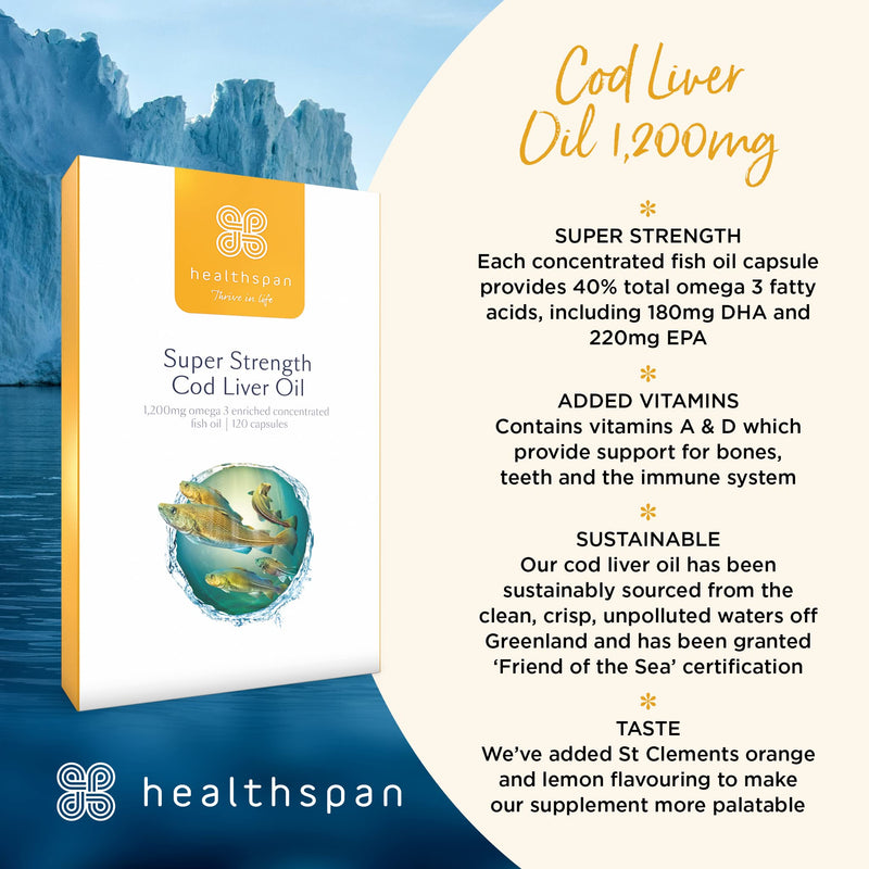 Healthspan Super Strength Cod Liver Oil 1,200mg (120 Capsules) | Supports Heart, Brain & Eye Health | Added Vitamin A, D3 and Calcium | Rich in Omega-3 Fatty Acids DHA & EPA | Sustainably Sourced - NewNest Australia